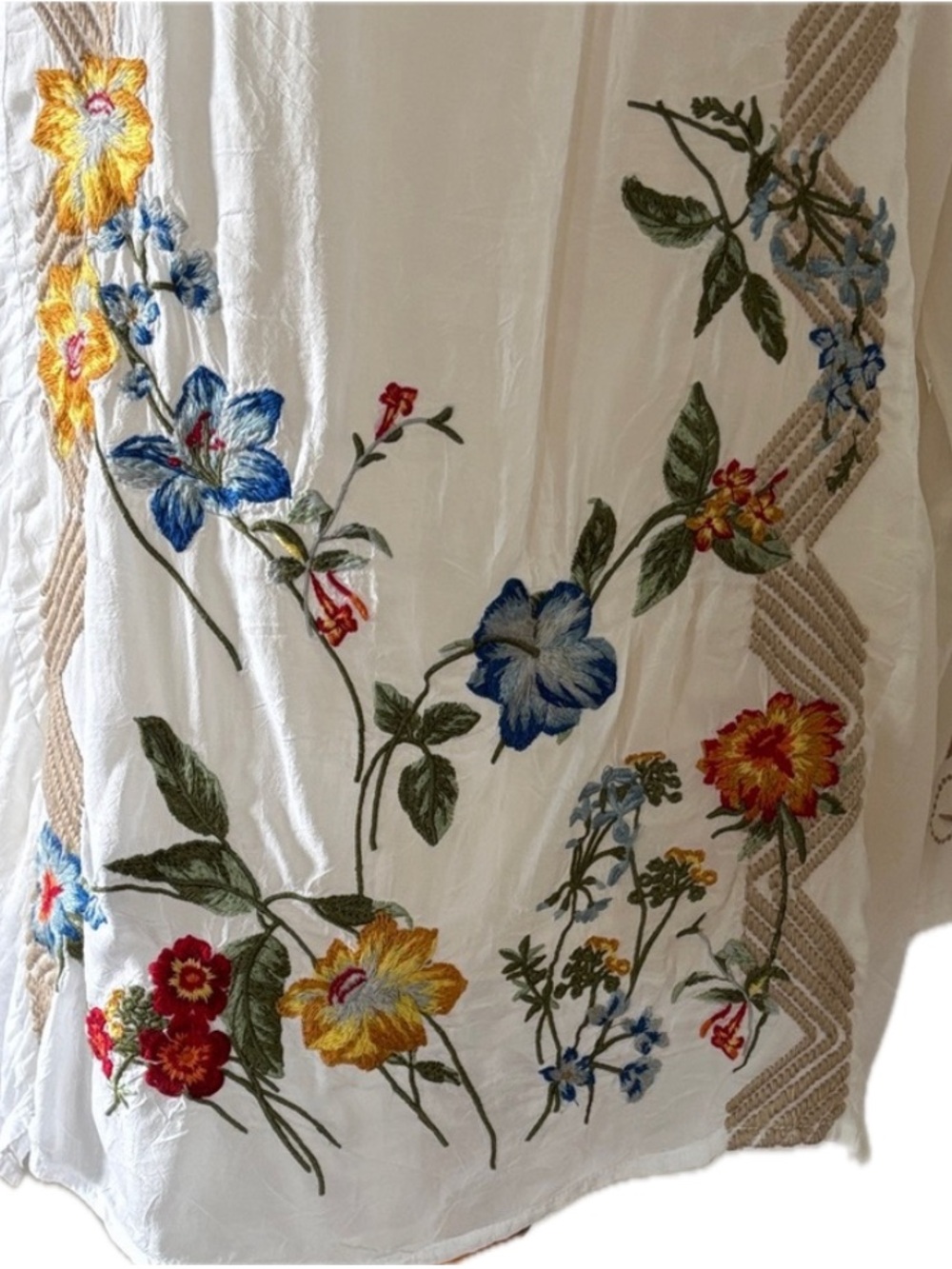 Johnny Was White Sheer Embroidered Tunic with Tan Lattice and Multicolor Floral - Picture 4 of 9